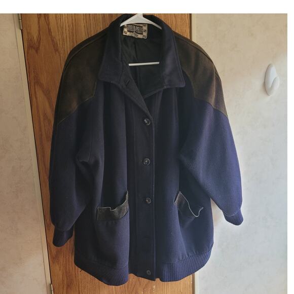 Vntg Othello Pelle Korea Wool Leather Trim Coat M Navy Black Old Money Heritage - Picture 1 of 11